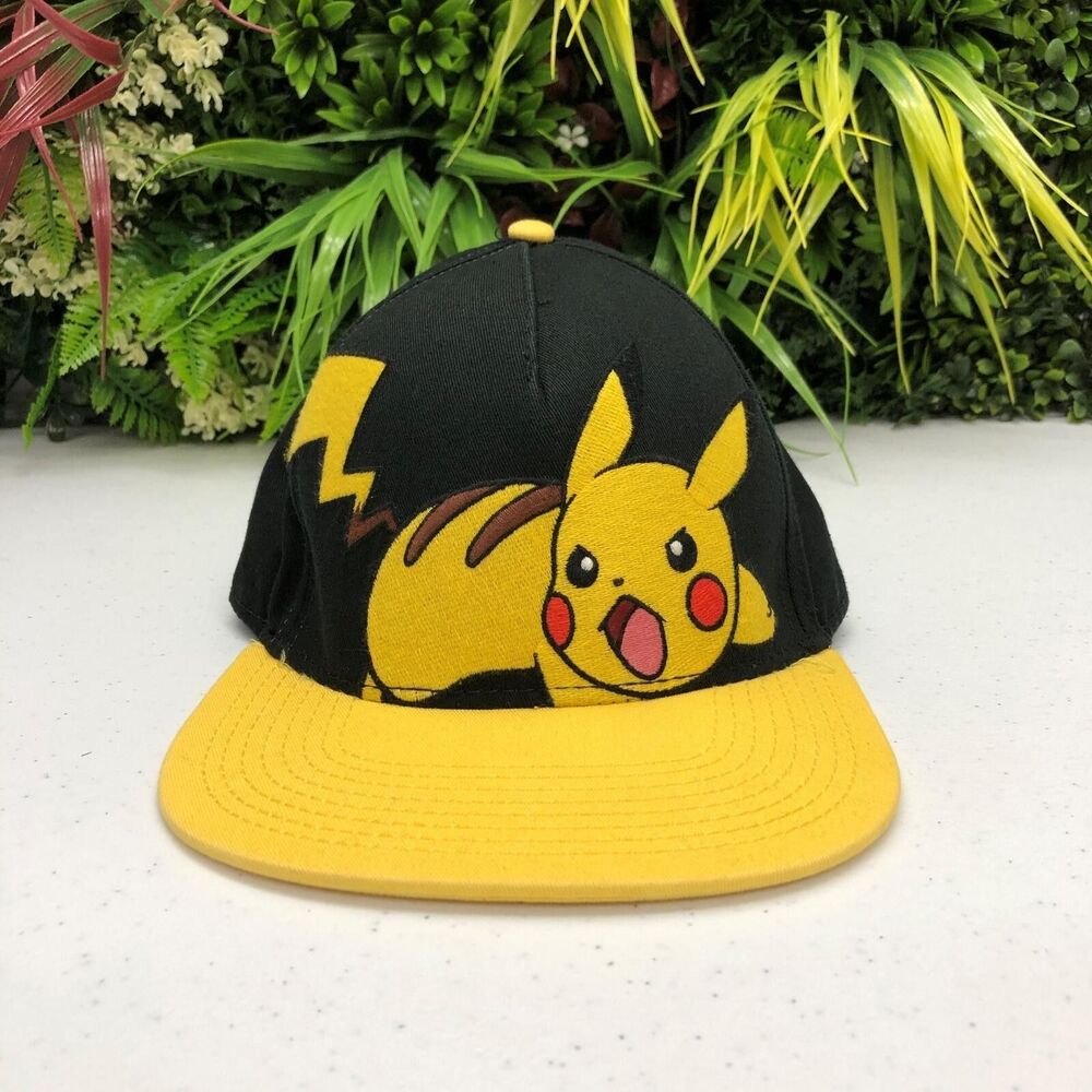 Pokemon Pikachu Hat Cap Snap Back Mens One Size Black Yellow Anime Graphic